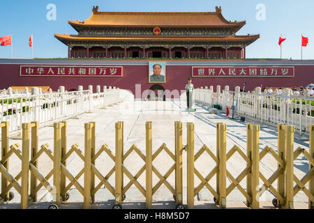 Beijing China - A paramilitary policeman standing guard in front of the Meridian Gate (WuMen), the outside gate surrounding the  Stock Photo