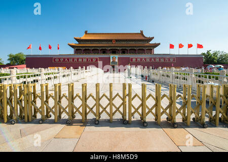 Beijing China - A paramilitary policeman standing guard in front of the Meridian Gate (WuMen), the outside gate surrounding the  Stock Photo