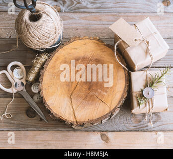 Image of rustic items for traditional christmas or autumn gift wrapping. Stock Photo