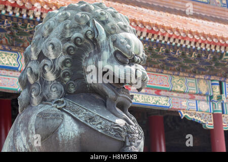 Beijing China - Detail of a bronze guardian lion statue (Shi) with the ornamented architecture of the Palace Museum in the backg Stock Photo