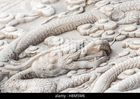 Beijing China - Detail of a relief sculpture of a dragon on a wall in the Forbidden City. Stock Photo