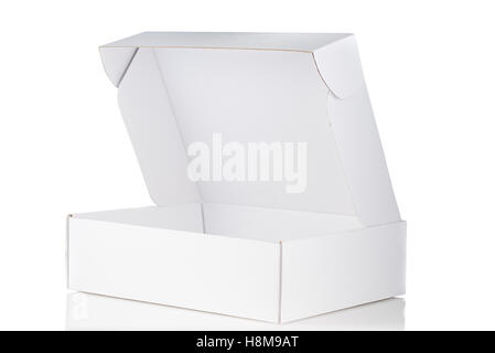 White cardboard box open 3/4 view isolated on white background Stock Photo