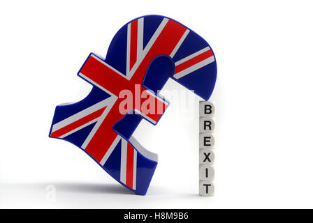 BRITISH POUND SIGN WITH WORD DICE SPELLING 'BREXIT' RE BREXIT THE EU LEAVING REFERENDUM VOTE THE EUROPEAN UNION LEAVE  GB UK Stock Photo