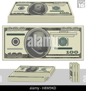 One hundred dollar bill and stacks of money isolated on white Stock Vector