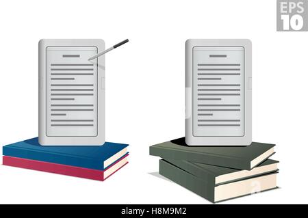 Ebook reader on a stack of hardcover books Stock Vector