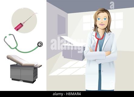 A female doctor wearing a white coat and stethoscope in a examination room. A syringe, stethoscope and examination chair Stock Vector