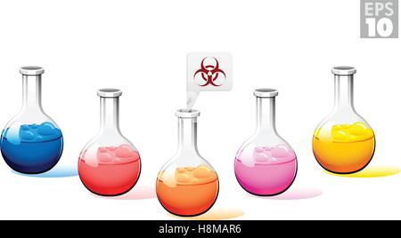 Round bottom flask with multi-colored liquid and bio hazard sign, EPS 10 Stock Vector