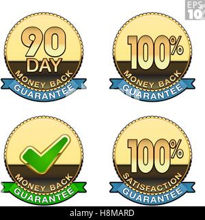 Gold coin with money back guarantee and satisfaction guarantee text, emblem or seal Stock Vector