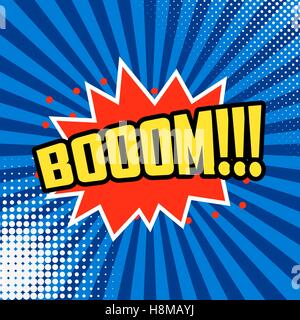 Boom!!! Comic style phrase on sunburst background. Stock Vector