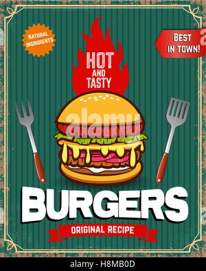 Old style poster with burger. Food vintage poster. Fast food. Stock Vector