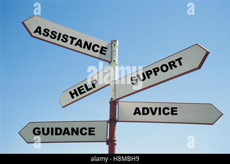 Signpost with the words Help, Support, Advice, Guidance and Assistance on the direction arrows, against a bright blue cloudy sky Stock Photo