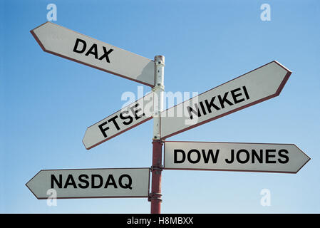 Sign post with various stock exchanges written on them Stock Photo