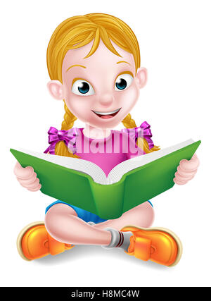 A cartoon little girl sitting crossed legged enjoying reading a book Stock Photo