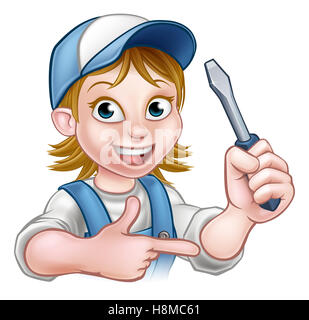 An electrician handyman cartoon character holding a screwdriver and pointing Stock Photo