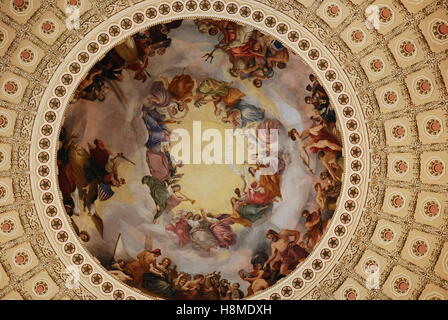 Apotheosis of Washington, the fresco on the ceiling of the United States Capiotol Dome was created by Constantino Brumidi. Stock Photo