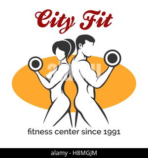 Man and woman with dumbbells. Design template of Gym or fitness center. Vector illustration Stock Vector