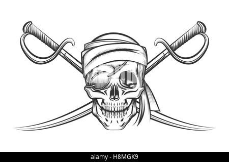 Pirate symbol of a skull in the captain's hat and two crossed swords. Vector illustration in tattoo style Stock Vector