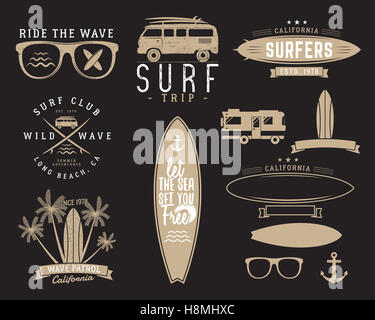 Set of Vintage Surfing Graphics and Emblems for web design or print. Surfer, beach style logo design. Surf Badge. Surfboard seal, elements, symbols. Summer insignias. hipster colors. Stock Photo