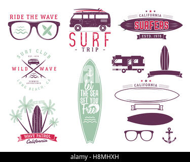 Set of Vintage Surfing Graphics and Emblems for web design or prints. Surfer, beach style logo design. Surf Badge. Surfboard seal, elements, symbols. Summer insignias. hipster pastel colors. Stock Photo