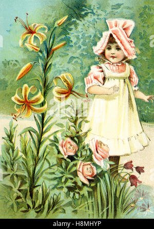 This is a scene from what Alice saw once she went through the Looking Glass and into the Looking Glass room in Lewis Carroll's 'Through the Looking Glass.' Here Alice is portrayed as a young girl and the Tiger-Lily flower is saying to her, 'We can Talk.' Lewis Carroll (Charles Lutwidge Dodgson) wrote the novel 'Through the Looking-Glass and What Alice Found There' in 1871 as a sequel to 'Alice's Adventures in Wonderland.'