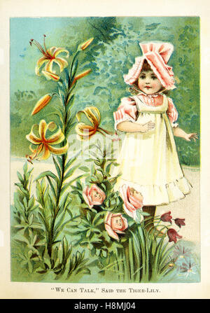 This is a scene from what Alice saw once she went through the Looking Glass and into the Looking Glass room in Lewis Carroll's 'Through the Looking Glass.' Here Alice is portrayed as a young girl and the Tiger-Lily flower is saying to her, 'We can Talk.' Lewis Carroll (Charles Lutwidge Dodgson) wrote the novel 'Through the Looking-Glass and What Alice Found There' in 1871 as a sequel to 'Alice's Adventures in Wonderland.' Stock Photo