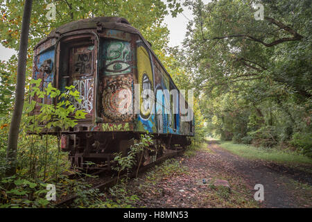 Old abandoned train car along the canal in Lambertville, New Jersey Stock Photo
