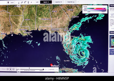 Miami Beach Florida,computer monitor screen,Intellicast.com precipitation weather radar map Hurricane Matthew, Stock Photo