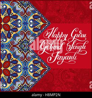 Happy Guru Gobind Singh Jayanti handwritten inscription on india paisley floral pattern to indian holiday greeting card Stock Vector