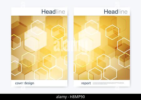 Business brochure design template. Vector flyer layout, abstract golden hexagonal, polygonal background, modern stylish design triangle for magazine, leaflet, cover, poster. Stock Vector