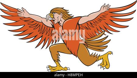 Illustration of a Lleu  or Lleu Llaw Gyffes, half man half eagle spreading wings viewed from the side on isolated white backgrou Stock Vector