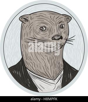Drawing sketch style illustration of an otter head wearing shirt and blazer facing front set inside oval shape. Stock Vector