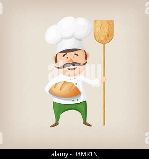 Cartoon baker with fresh bread and a shovel in his hands. Stock Vector