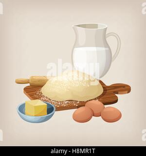 The dough on the board with a rolling pin. Eggs, butter, and milk jug. Stock Vector