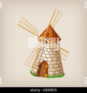 Traditional old windmill building single object color painted concept. Stock Vector