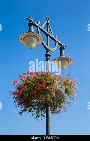 Street light with flowers on blue sky background Stock Photo