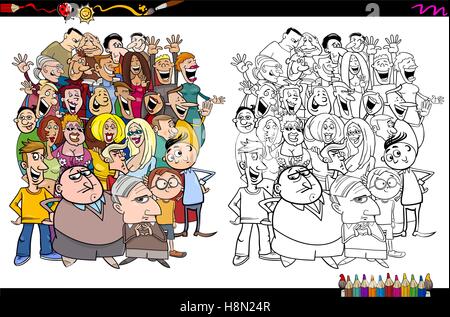 Cartoon Illustration of People in the Crowd Coloring Book Activity Stock Vector