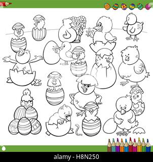 Black and White Cartoon Illustration of Happy Easter Chick Characters with Eggs Coloring Book Stock Vector