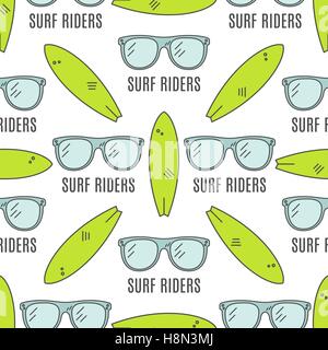 Surfing patterns. Summer seamless design with surfer glasses, surfboards. Cute flat colors. Vector illustration. Use for fabric printing, web projects, t-shirts or tee designs. Stock Vector