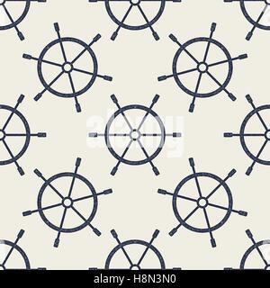 Seamless pattern with hand drawn steering wheels. Retro nautical wallpaper design. Vintage effect background. Use for web projects, t-shirt. tee designs, posters, banners print etc. Vector. Stock Vector
