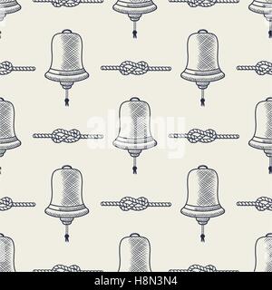Nautical seamless. Ship bell and rope elements. Sea pattern. Navy rope and marine knots striped in blue and white colors, vector. Sketching, handdrawn style. Cute Sketch design. Stock Vector