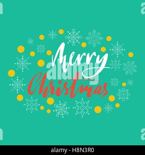Merry Christmas hand lettering. Handdrawn calligraphy on green snowflakes background. Christmas style font. Vector illustration. Grunge handdrawn font. Stock Vector