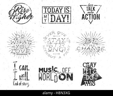 Inspirational typography life style quotes set Motivation retro style labels. Vector distressed texts for web projects, tee design, t-shirt printing. Hand lettering hipster slogans graphic collection. Stock Vector