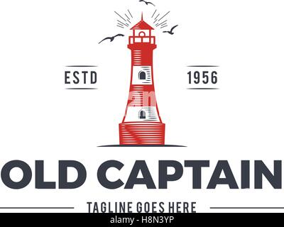 Nautical logo design, icon Old captain emblem with sea elements - lighthouse, seagulls, sunburst. Sailing label or badge. Use for web projects, printing on t-shirt. Isolated on white background. Stock Vector