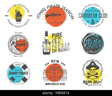 Set of vintage handcrafted emblems, labels, logos. Isolated on a color shapes. Sketching filled style. Pirate and sea symbols - old rum bottles, barrels, skull, pistol. Vector. Stock Vector