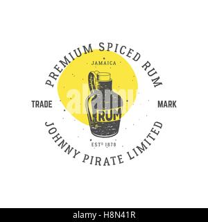 Vintage handcrafted pirate rum emblem, alcohol label, logo. Isolated on white background. Sketching filled style. Pirate and sea symbols - old rum bottle. Good for tavern, cafe. Vector. Stock Vector