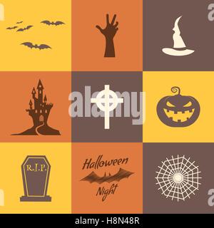 Set of halloween icons isolate on multicolor backgrounds. Flat design. Holiday party symbols - pumpkin, bat, witches hat, zombie hand, vampire house, lonely tree and other. Use for web, tee, t-shirt. Stock Vector