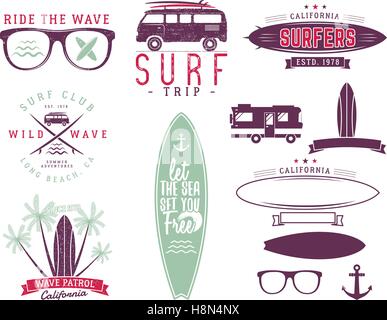 Set of Vintage Surfing Graphics and Emblems for web design or prints. Surfer, beach style logo design. Surf Badge. Surfboard seal, elements, symbols. Summer insignias. Vector hipster pastel colors Stock Vector
