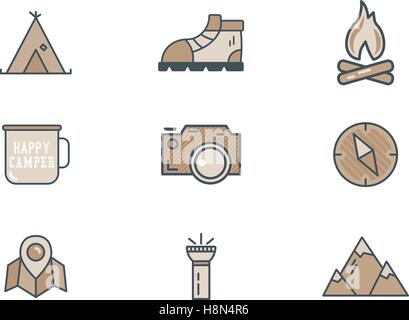Mountain explorer camp icons in flat style. Travel, hiking, climbing pictograms. Retro color design. Best for outdoor adventure sites, magazines, tee, t shirt prints etc. Isolated vector Stock Vector