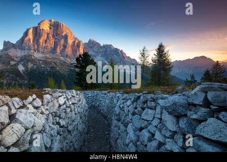 Dawn over Tofana di Rozes from the World War One trenches at Cinque Torri, Dolomite Mountains, Veneto, Italy Stock Photo