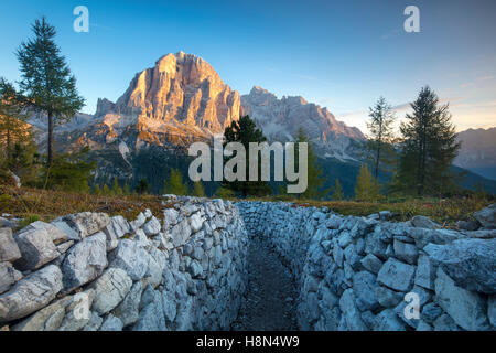 Dawn over Tofana di Rozes from the World War One trenches at Cinque Torri, Dolomite Mountains, Veneto, Italy Stock Photo